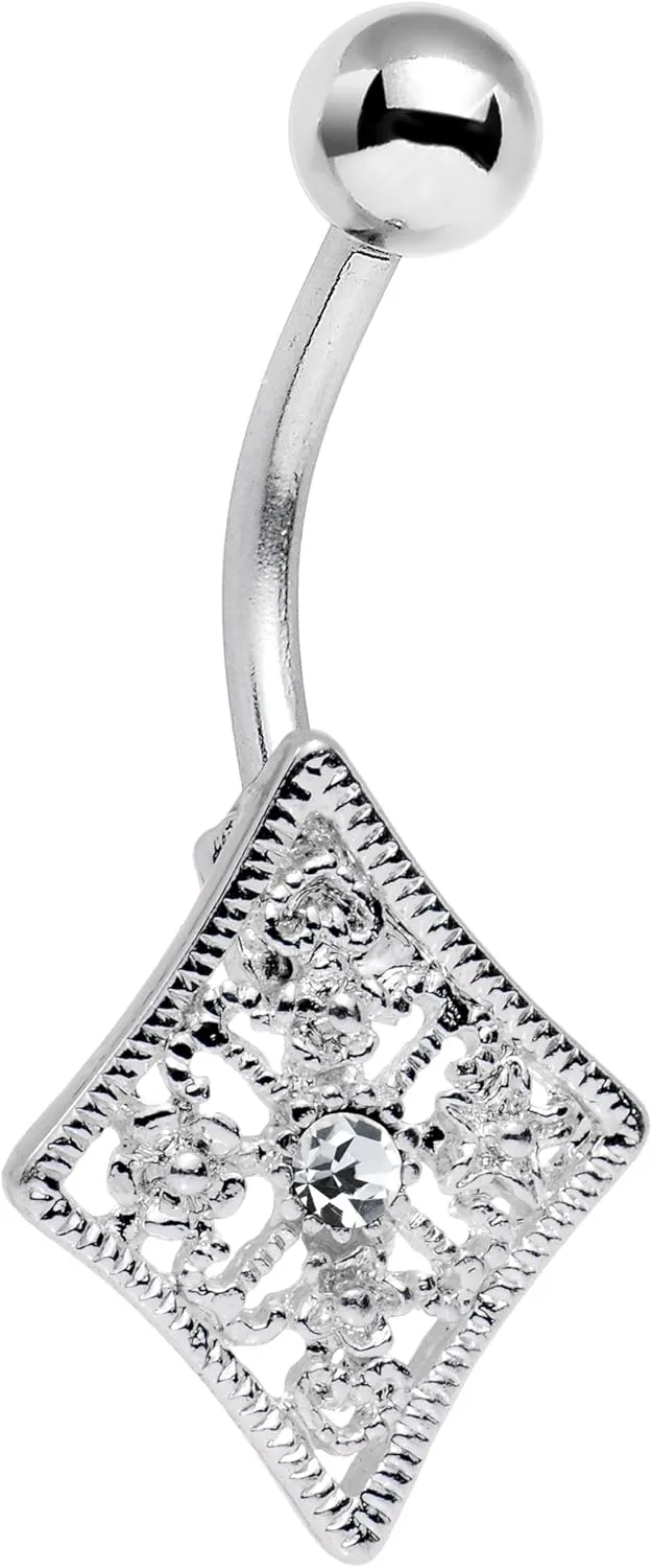 Body Candy Stainless Steel Clear Accent Floral Fiesta Art Deco Square Belly Button Ring