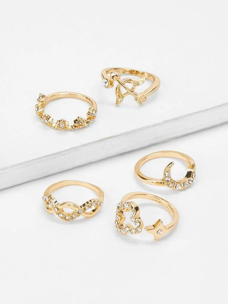 Bow & Moon Rhinestone Rings Set 5pcs