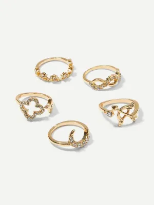 Bow & Moon Rhinestone Rings Set 5pcs