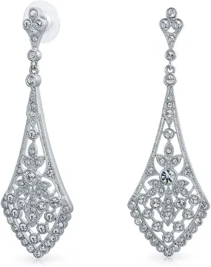 Bridal Prom Holiday Art Deco Style Fan Filigree Teardrop Crystal Dangle Chandelier Statement Earrings For Women