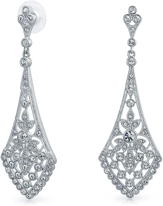 Bridal Prom Holiday Art Deco Style Fan Filigree Teardrop Crystal Dangle Chandelier Statement Earrings For Women
