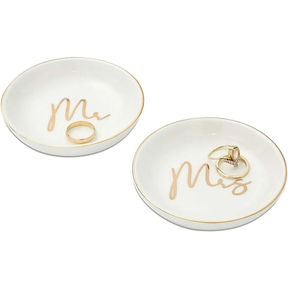 Ceramic Jewelry Trays for Wedding Gift, Trinket Dishes with Mrs and Mr (2 Pack)