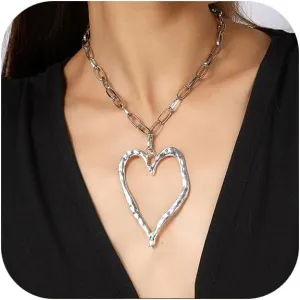 Chunky Hollow Heart Pendant Necklace for Women, Punk Adjustable Thick Chain Large Love Heart Choker Necklace Statement Charm Heart Metal Necklaces Y2K Trendy Jewelry