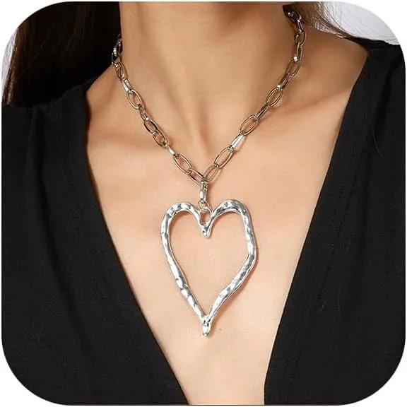 Chunky Hollow Heart Pendant Necklace for Women, Punk Adjustable Thick Chain Large Love Heart Choker Necklace Statement Charm Heart Metal Necklaces Y2K Trendy Jewelry