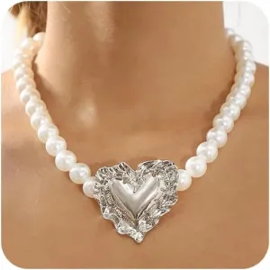 Chunky Y2k Pearls Heart Choker Necklace for Women Dainty Large Geometric Textured Love Shaped Statement Necklaces Fashion Pearl Beaded Jewelry Gifts