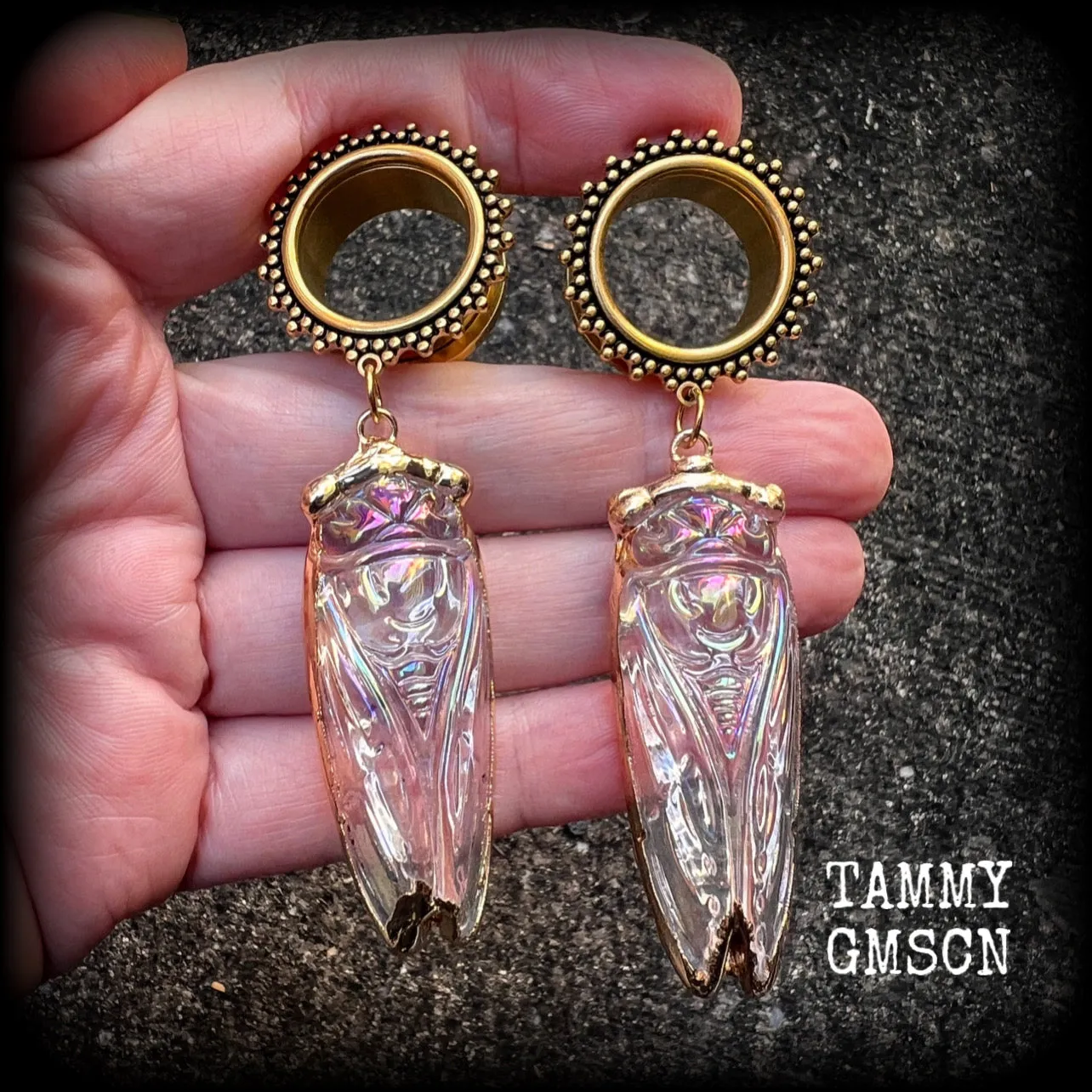 Cicada tunnel earrings-Gemstone tunnel dangles