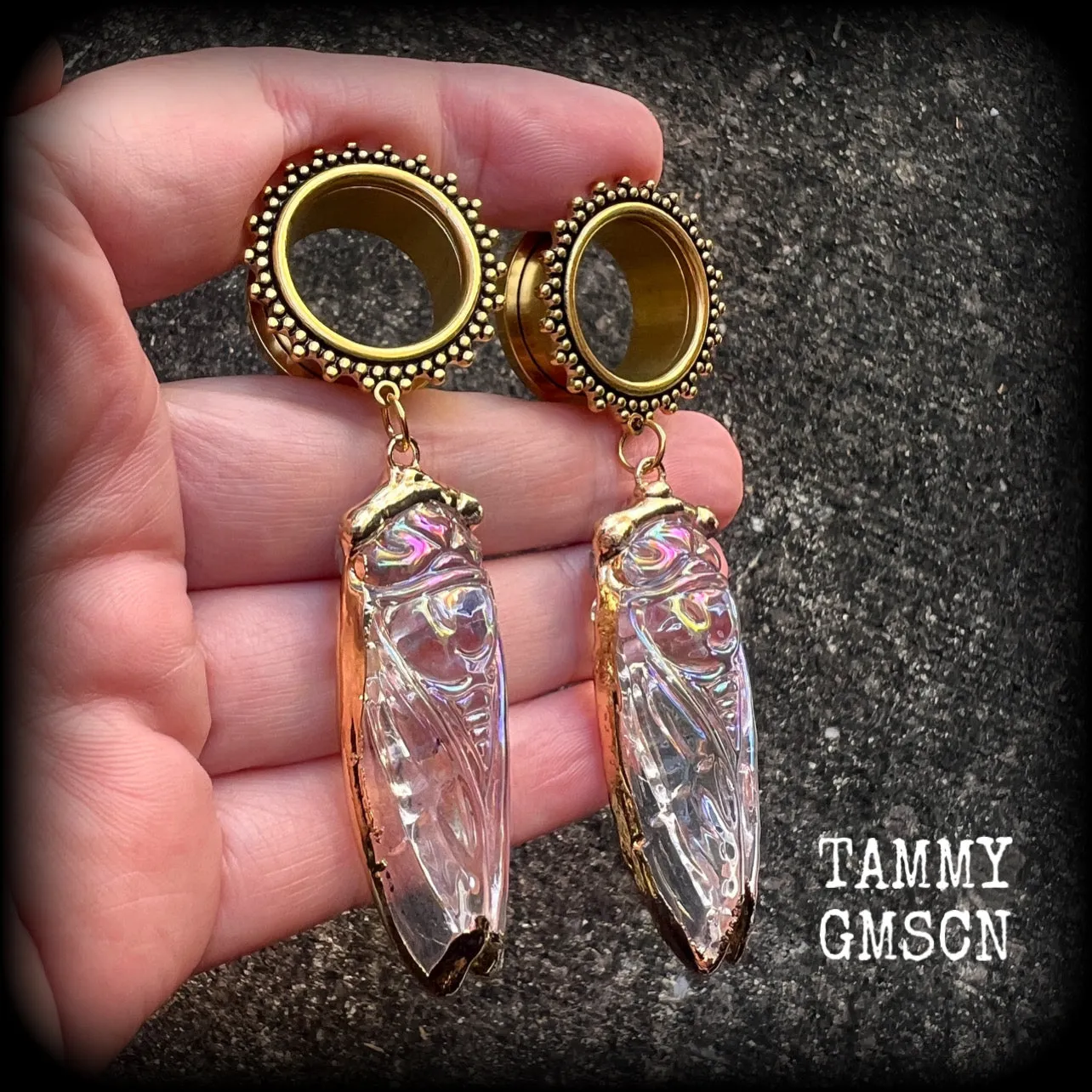 Cicada tunnel earrings-Gemstone tunnel dangles