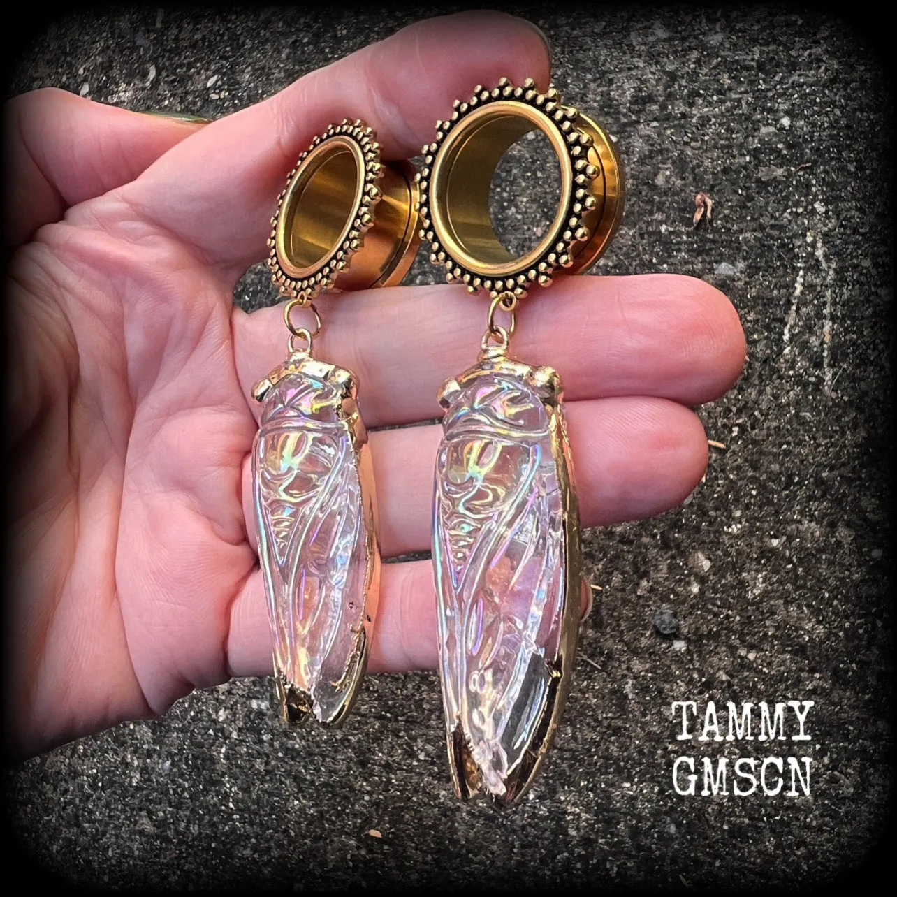 Cicada tunnel earrings-Gemstone tunnel dangles
