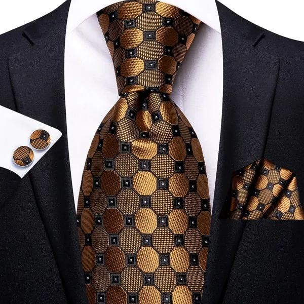 Classy Men Gold Black Octagon Silk Tie