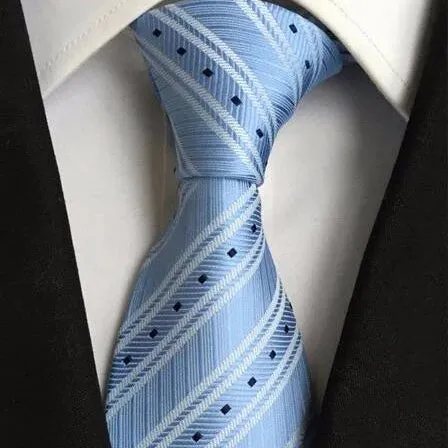 Classy Men Light Blue Striped Plaid Silk Tie
