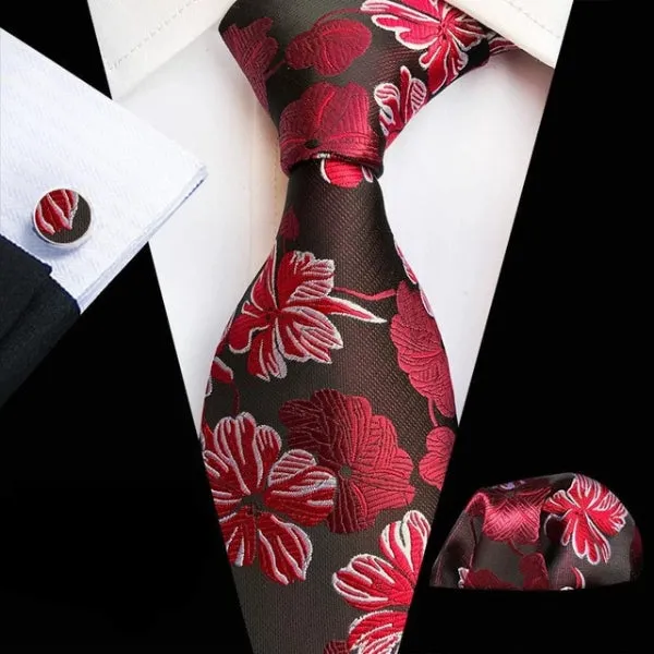 Classy Men Red Brown Floral Silk Tie
