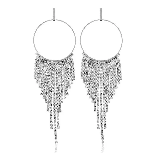 Crystal Long Tassel Hoop  Drop Dangle Big Rhinestone Party Earrings