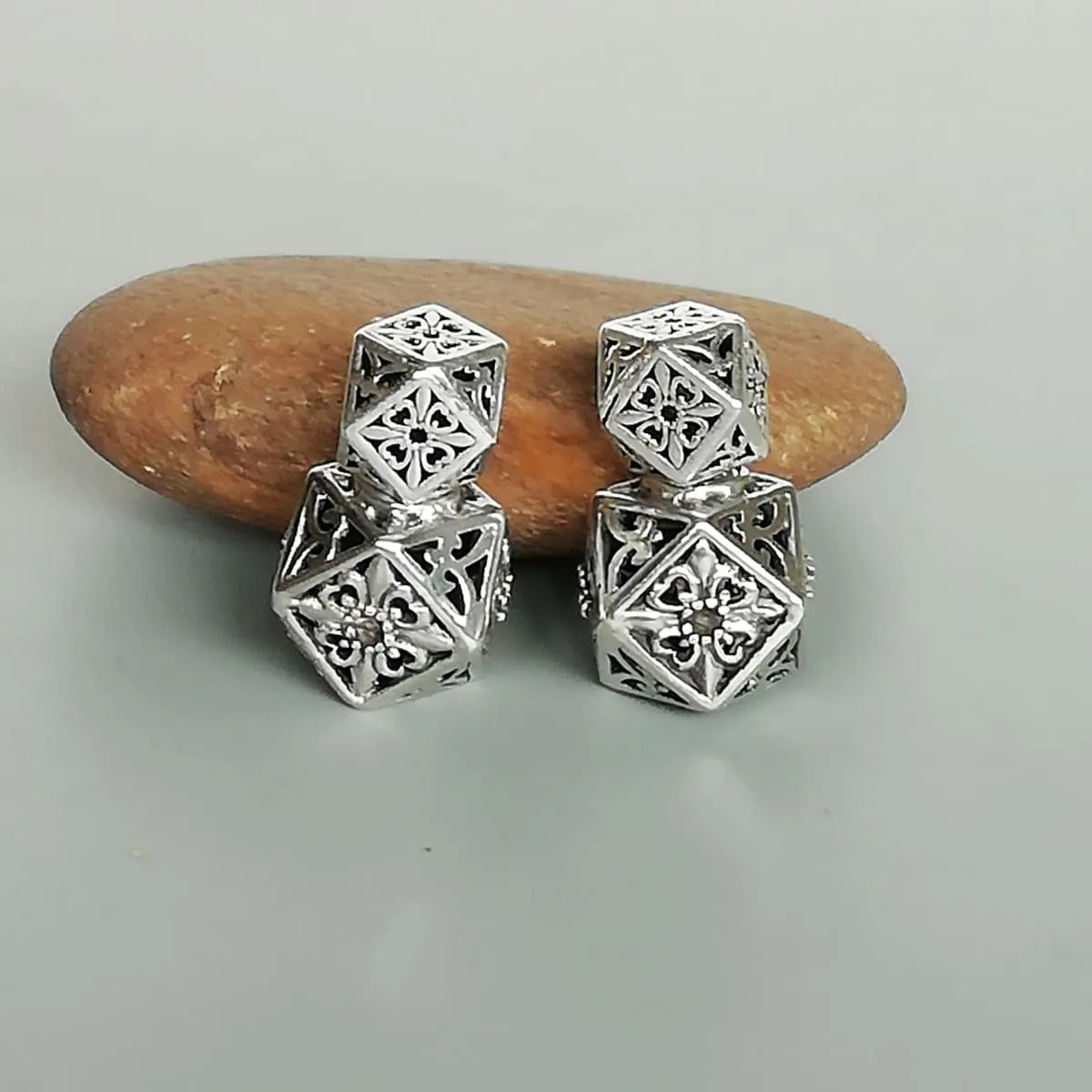 Double sided sterling silver Karen tribe earrings | Filigree cube studs | Double studs | Ethnic jewelry | E1112