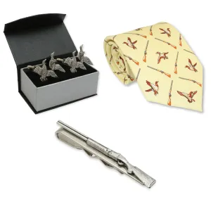 Ducks and Shotgun Cufflinks, Silk Tie & Tie Slide Set