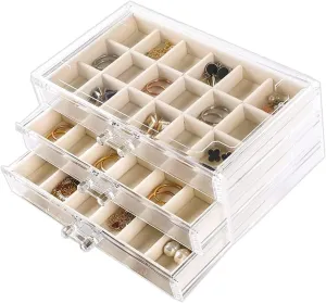 Earring Organizer Box Acrylic Jewelry Organizer with 3 Drawers 54 Adjustable Grids Clear Stackable Earring Holder Velvet Trays Ring Display Case for Women Girls (Beige)