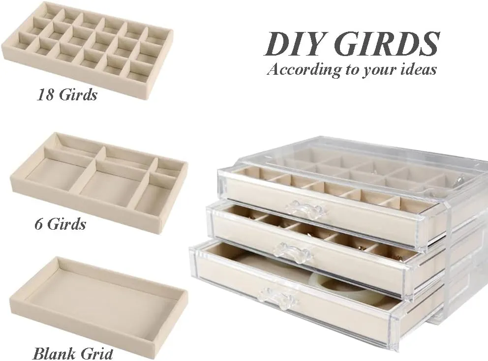 Earring Organizer Box Acrylic Jewelry Organizer with 3 Drawers 54 Adjustable Grids Clear Stackable Earring Holder Velvet Trays Ring Display Case for Women Girls (Beige)