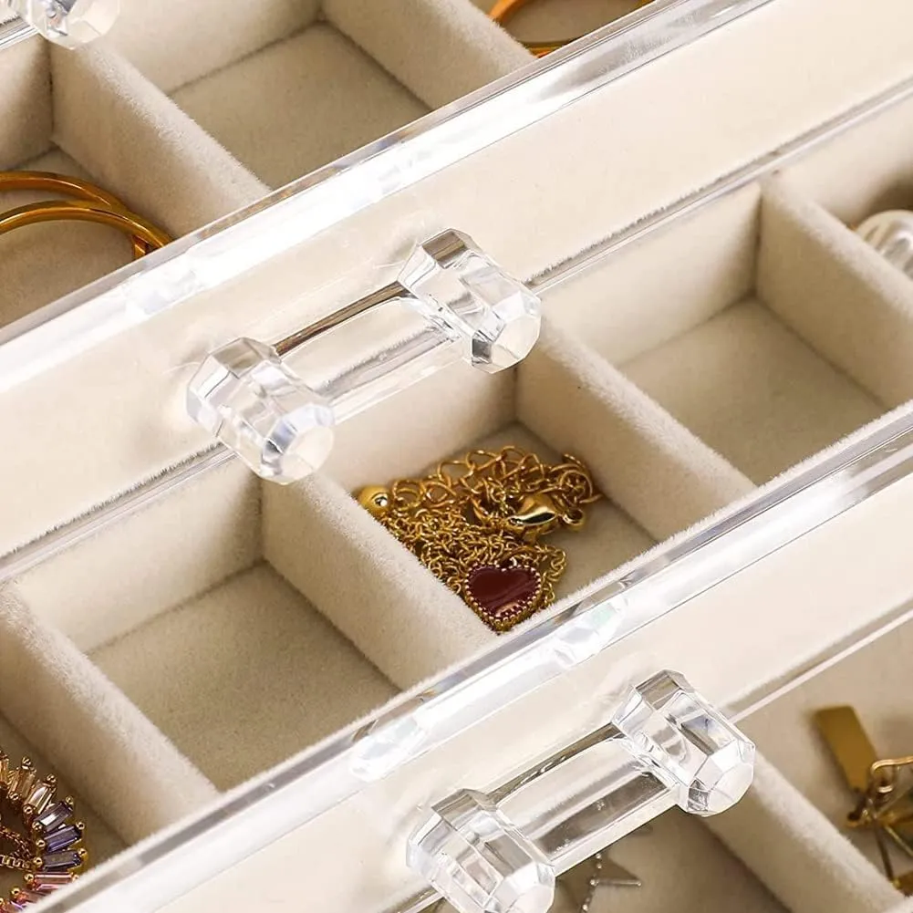 Earring Organizer Box Acrylic Jewelry Organizer with 3 Drawers 54 Adjustable Grids Clear Stackable Earring Holder Velvet Trays Ring Display Case for Women Girls (Beige)