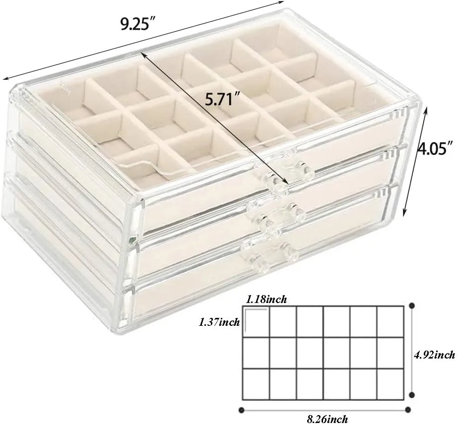 Earring Organizer Box Acrylic Jewelry Organizer with 3 Drawers 54 Adjustable Grids Clear Stackable Earring Holder Velvet Trays Ring Display Case for Women Girls (Beige)