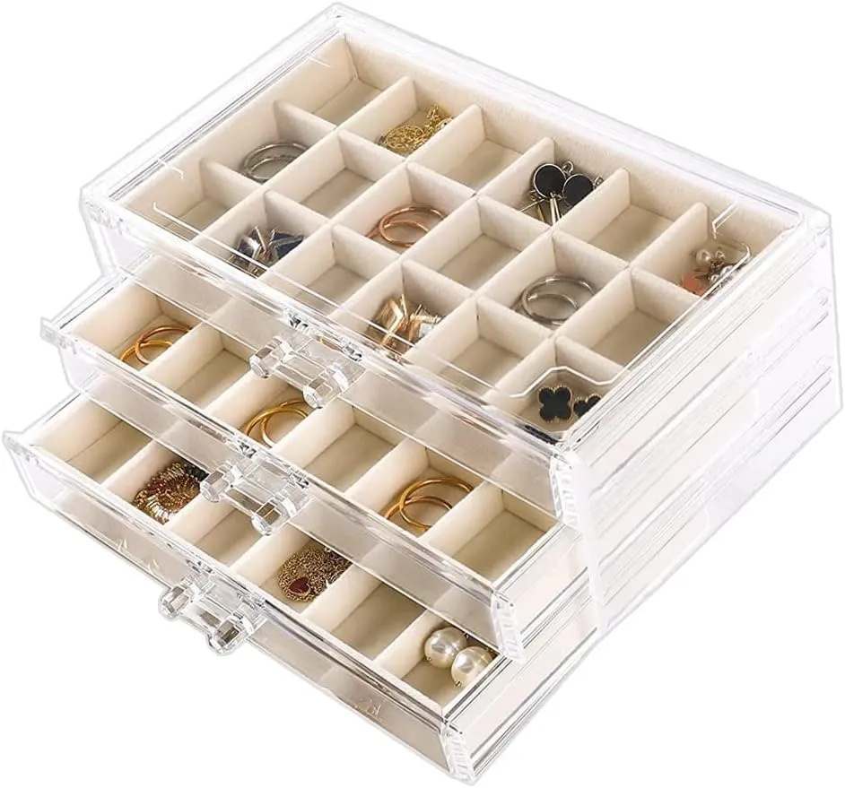 Earring Organizer Box Acrylic Jewelry Organizer with 3 Drawers 54 Adjustable Grids Clear Stackable Earring Holder Velvet Trays Ring Display Case for Women Girls (Beige)