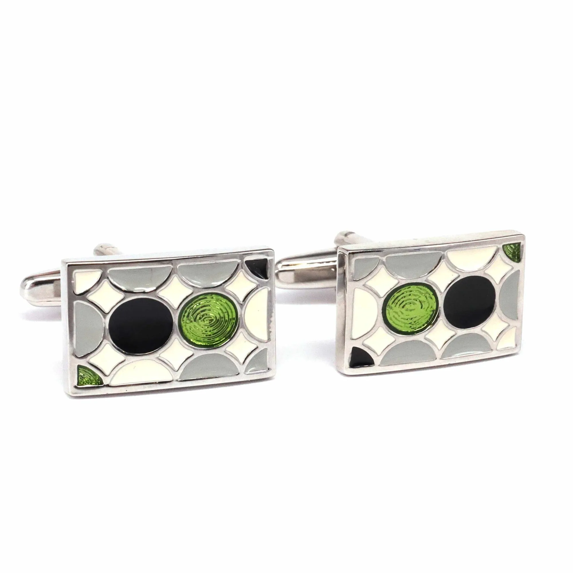 Enamal Cufflinks Black, Neon Green, white and Grey