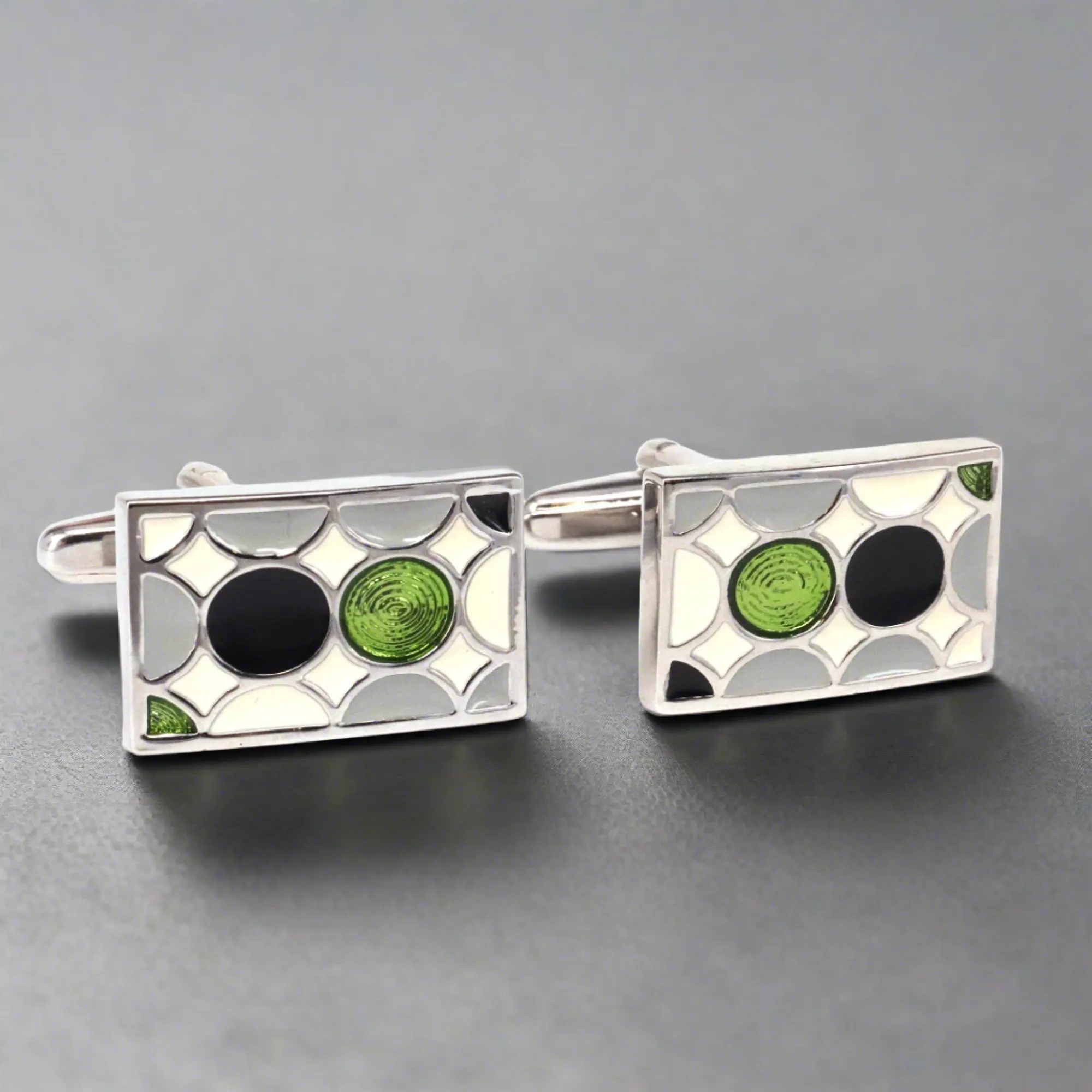Enamal Cufflinks Black, Neon Green, white and Grey
