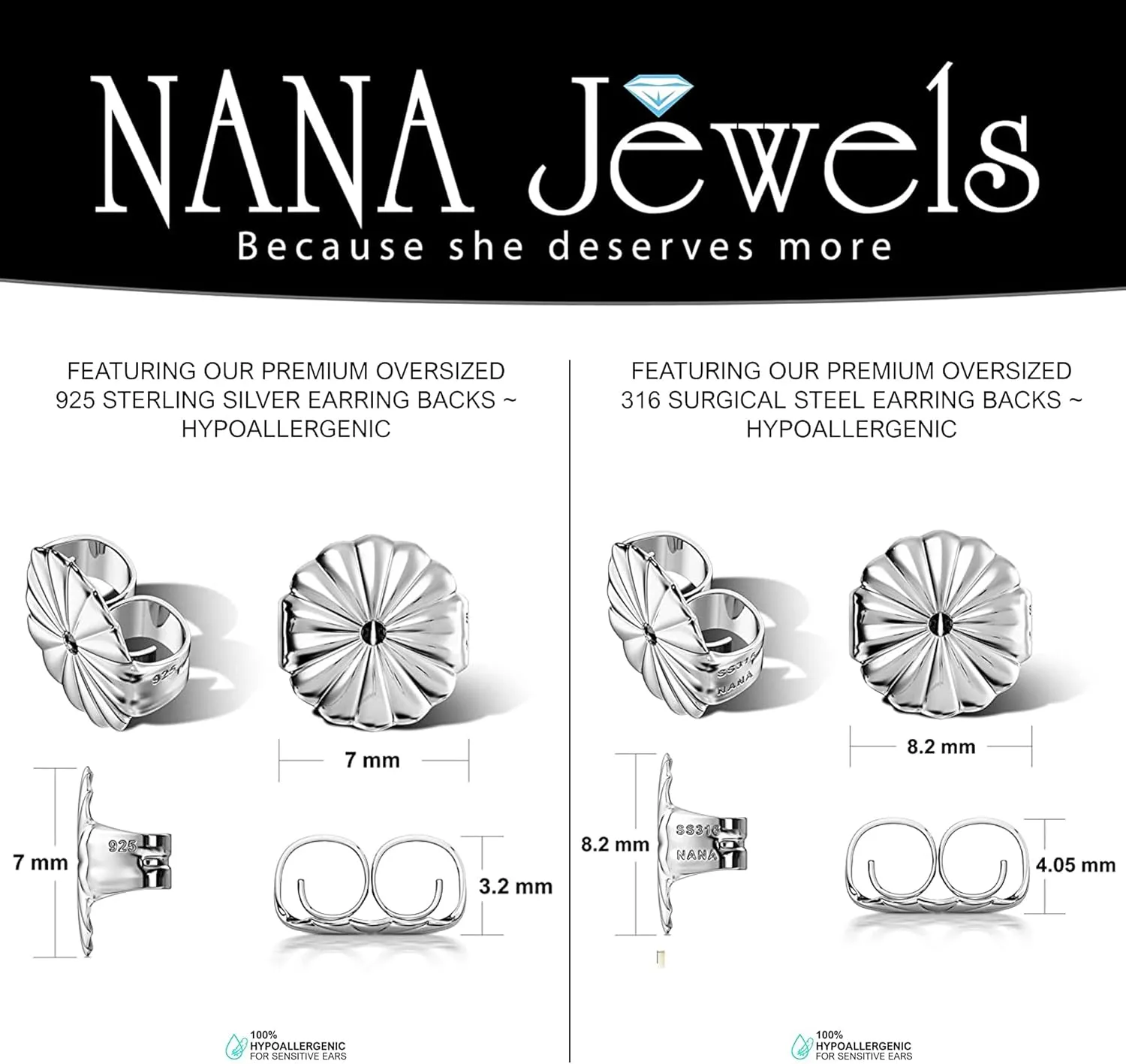Extra-Large Hypoallergenic Earring Backs-7mm-8.2mm(3 Pairs)-Secure & Comfortable Replacement for Earrings
