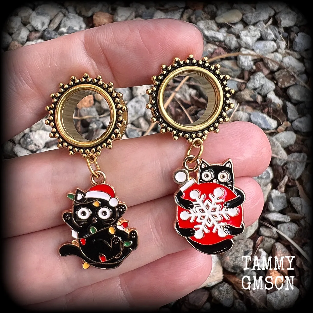 Festive black cat tunnel earrings-Christmas earrings