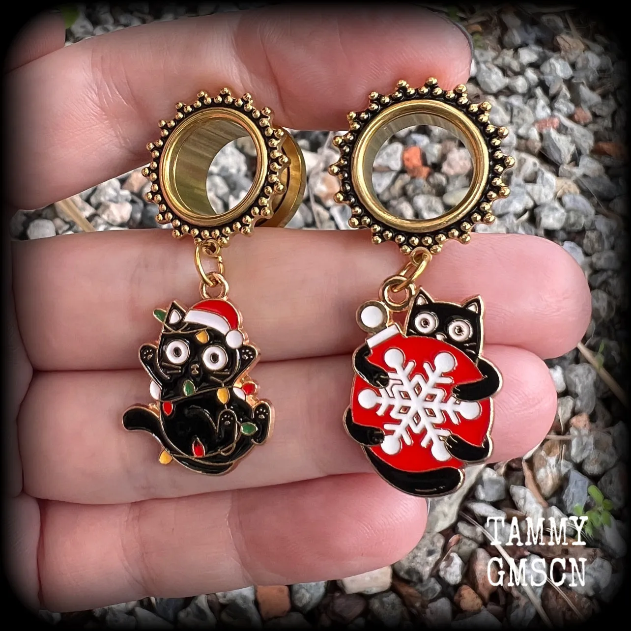 Festive black cat tunnel earrings-Christmas earrings