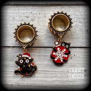 Festive black cat tunnel earrings-Christmas earrings