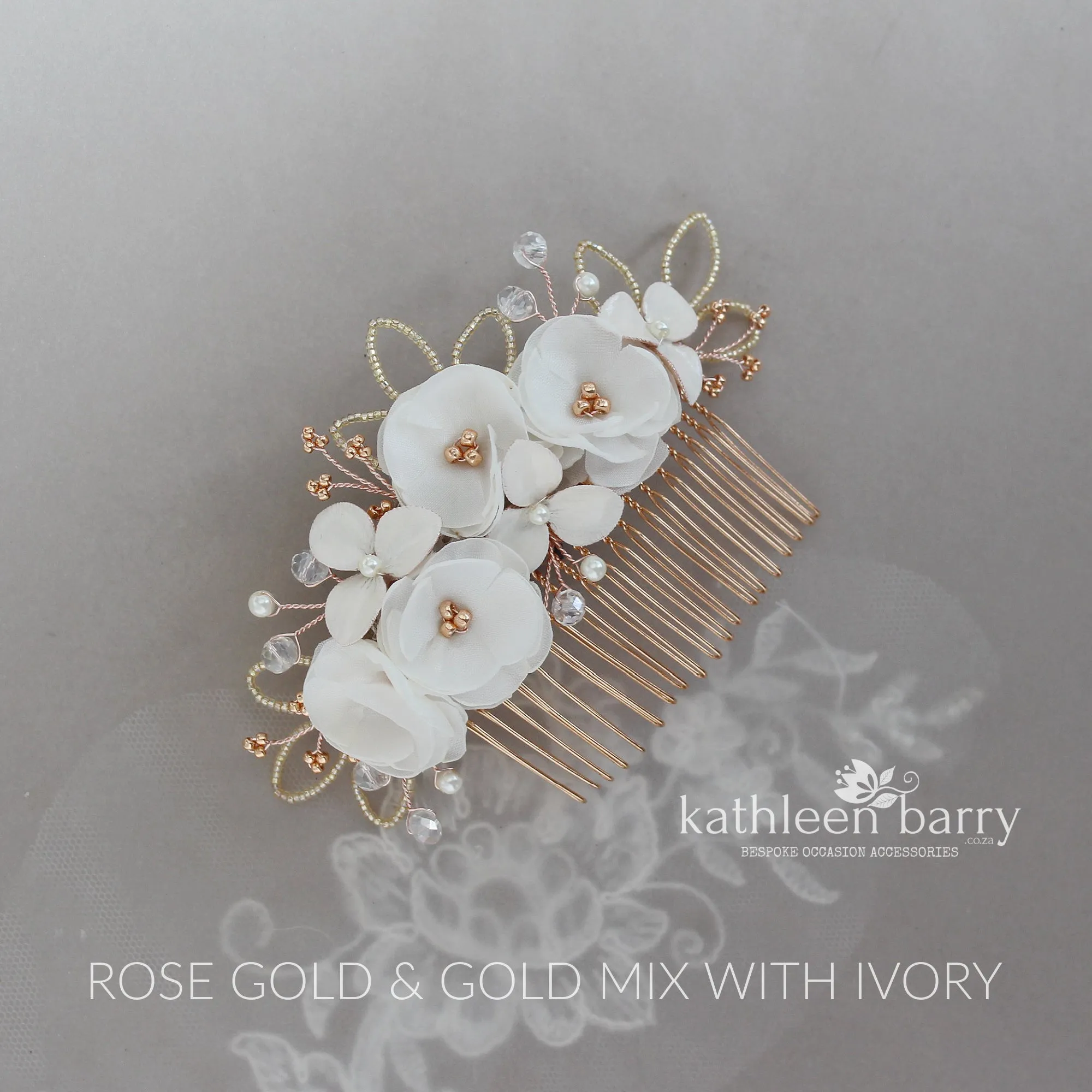 Flower wedding Hair Comb hairpiece  - veil comb - Rose gold, gold or silver - flower colors oprions available