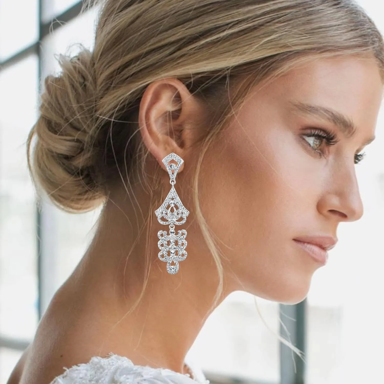 Flyonce Women's Vintage Style Art Deco Wedding Bridal Crystal Chandelier Dangle Earrings