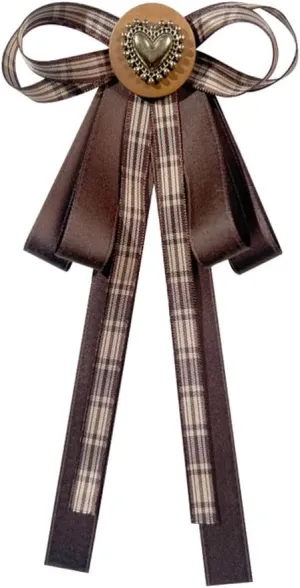 French retro Ribbon Bow Tie Brooch Pins for Women Brown Plaid Uniform Pre-Tied Bowknot Corsage Party Ceremony