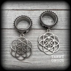 Geometric Flower of life tunnel earrings-Boho tunnel dangles