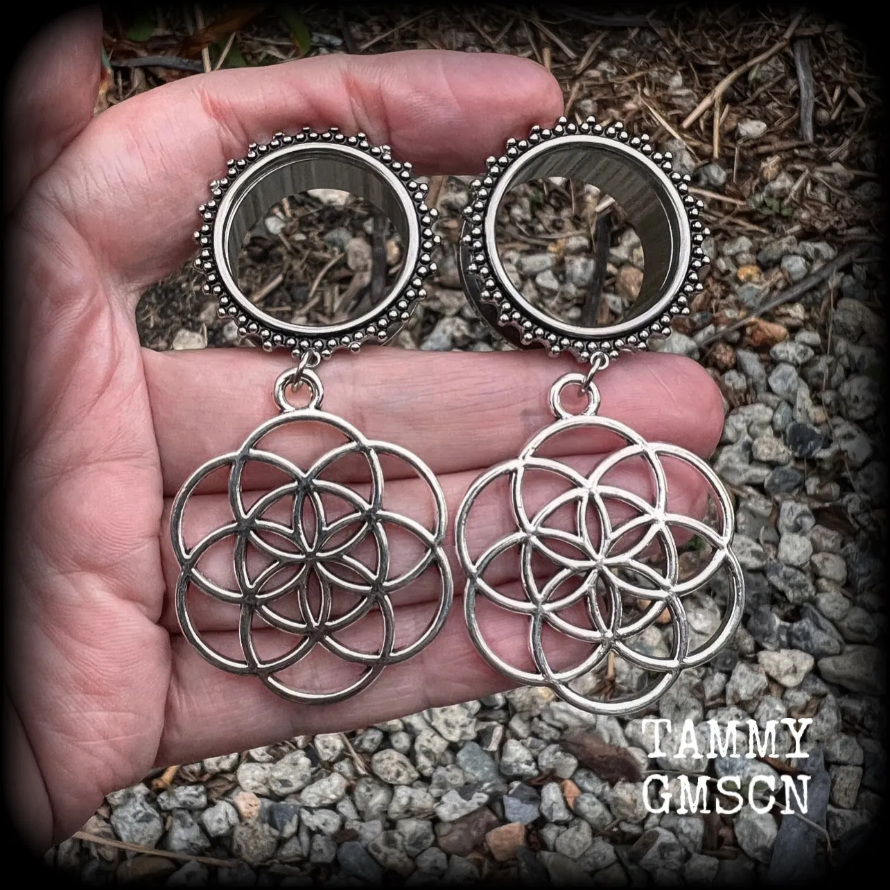 Geometric Flower of life tunnel earrings-Boho tunnel dangles