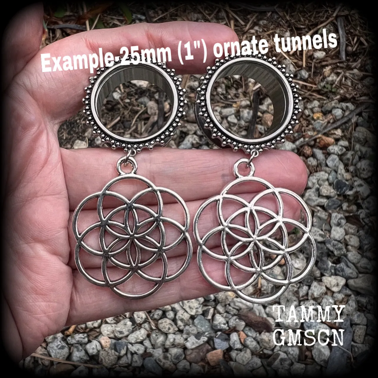 Geometric Flower of life tunnel earrings-Boho tunnel dangles