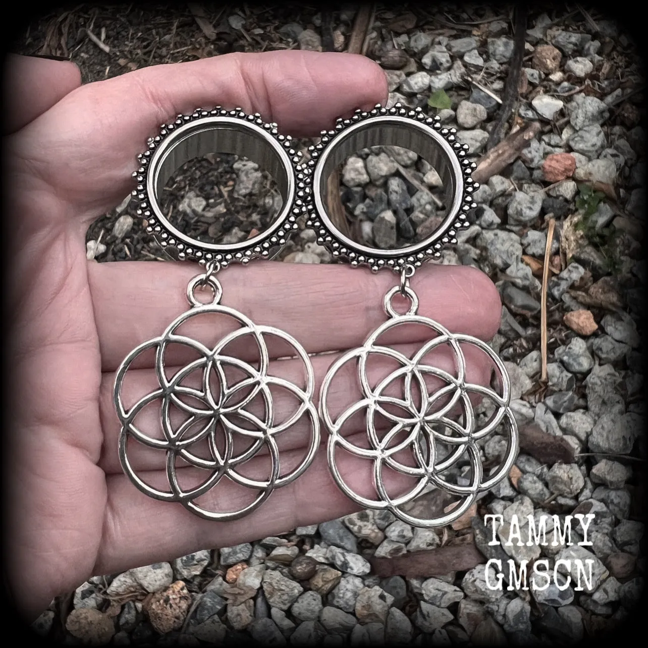 Geometric Flower of life tunnel earrings-Boho tunnel dangles