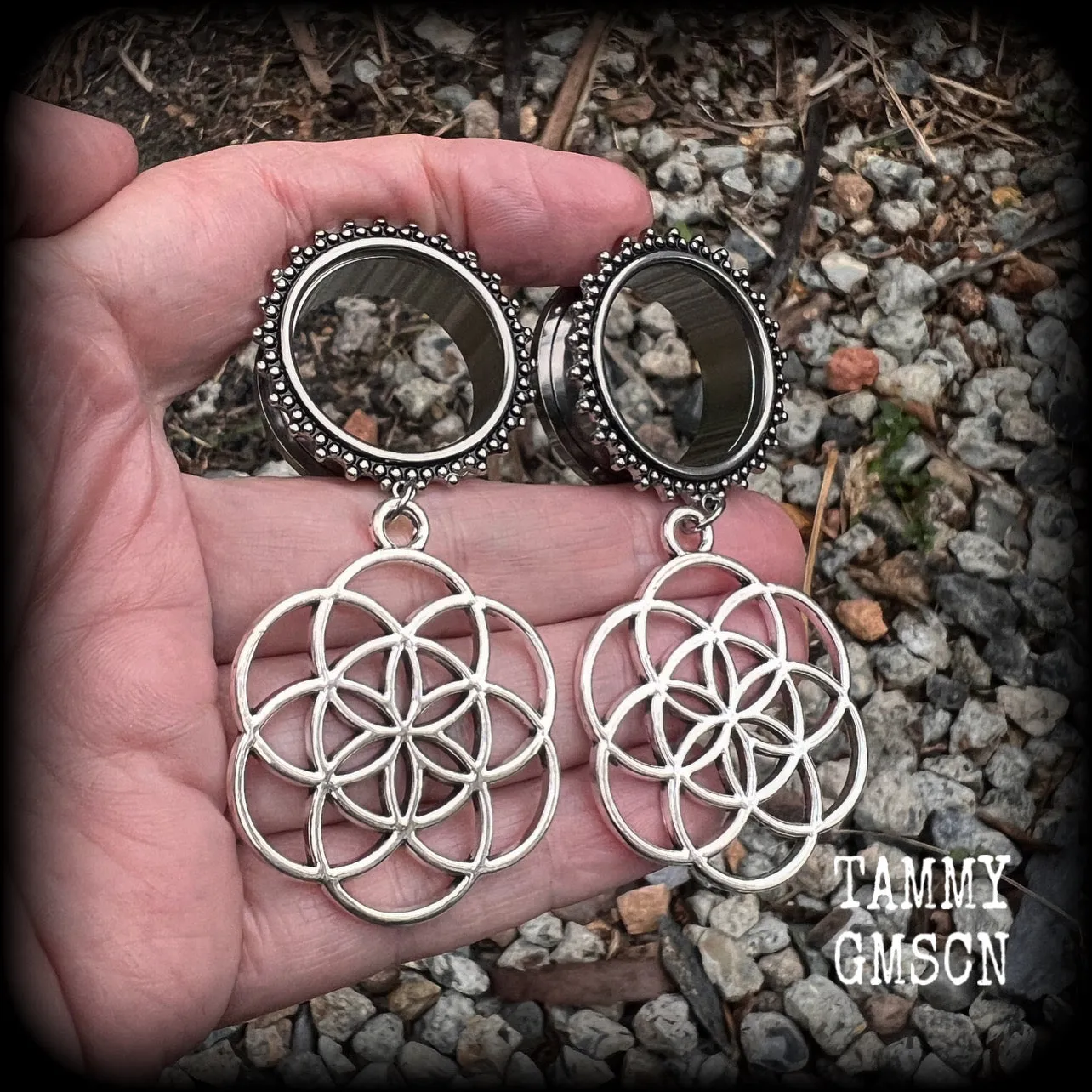 Geometric Flower of life tunnel earrings-Boho tunnel dangles