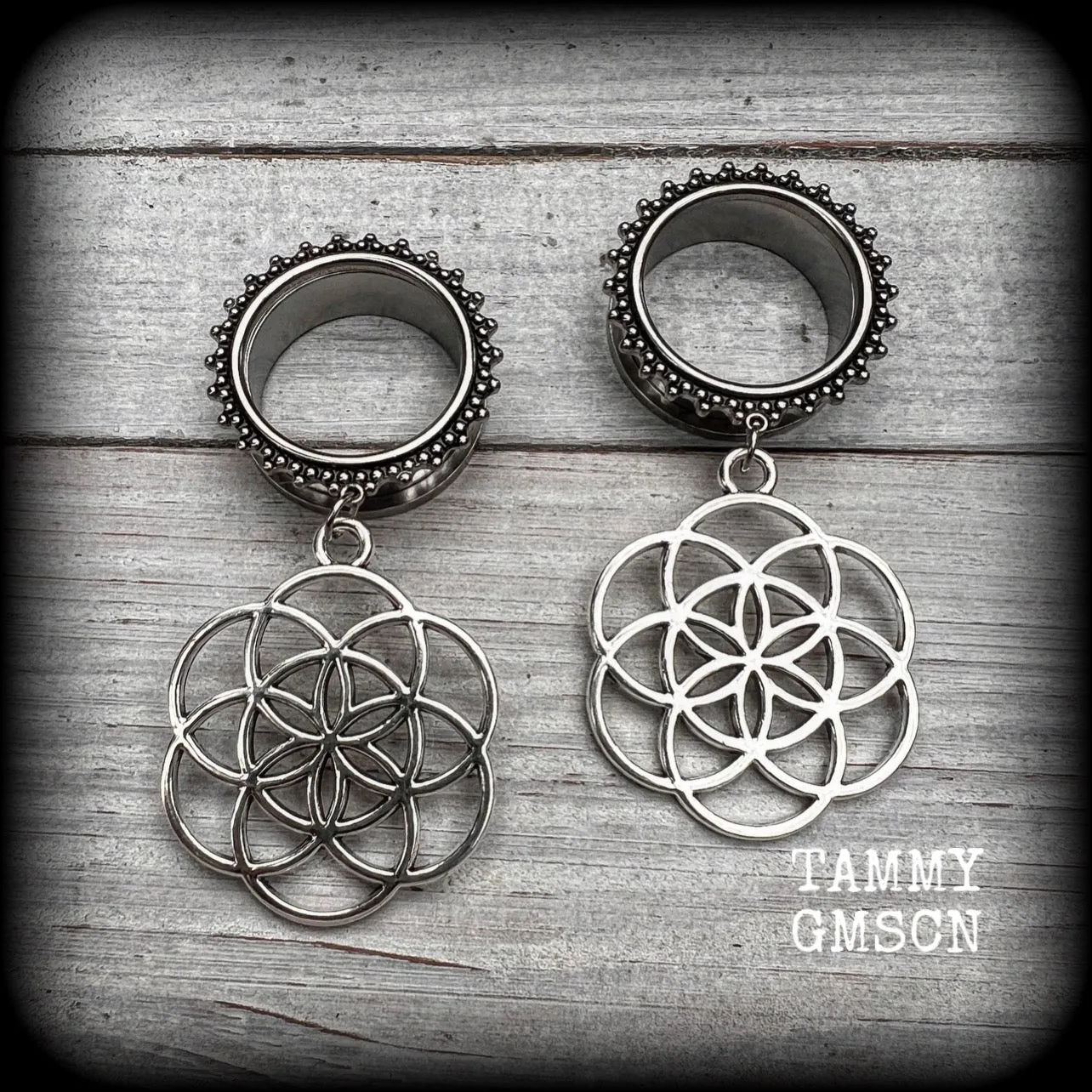 Geometric Flower of life tunnel earrings-Boho tunnel dangles