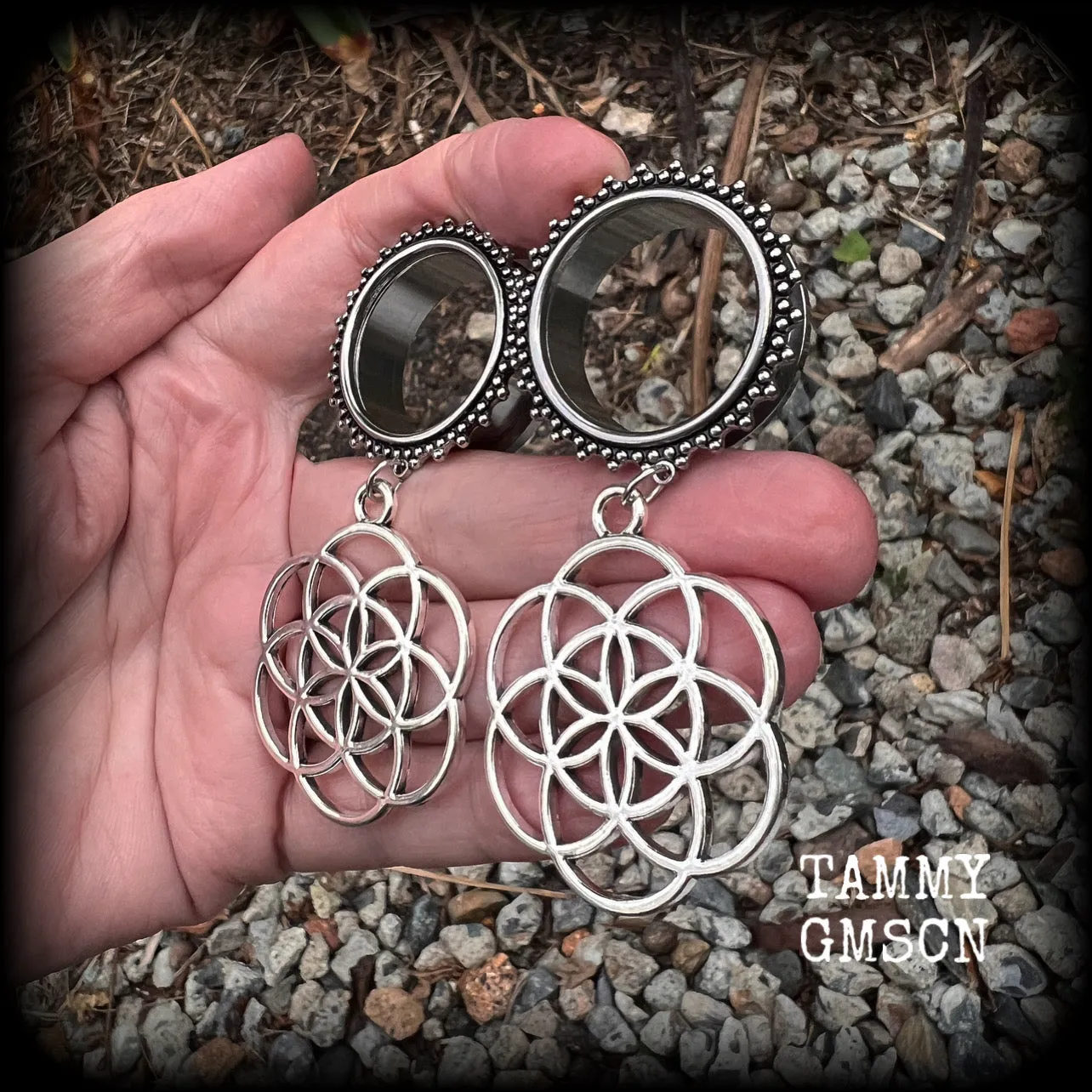 Geometric Flower of life tunnel earrings-Boho tunnel dangles