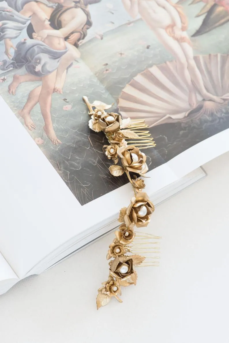 Gold flower hair comb, gilded roses hair vine - Roselle