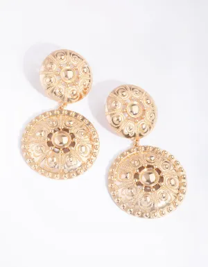 Gold Large Engraved Circle Drop Earrings