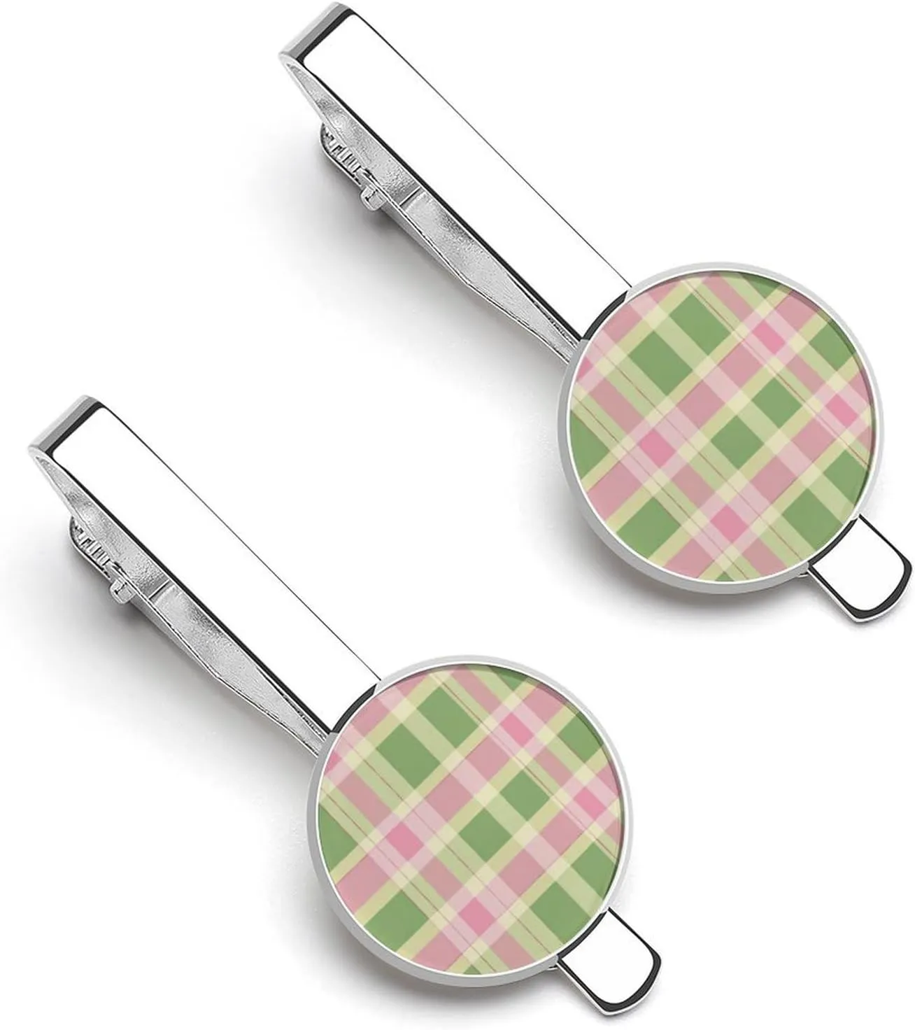 Green Pink Plaid Men's Tie Clip Tie Bar Round Tie Clasp Classic Tie Tack Pins Jewelry Accessories