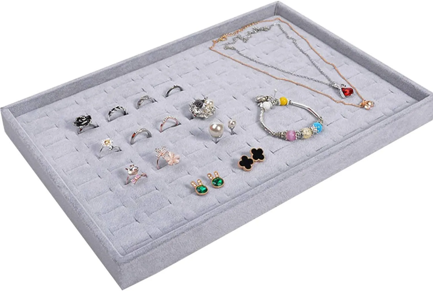 Grey Velvet Stackable 100 Slot Ring Inserts Jewelry Tray Showcase Display Organizer Holder Storage Box Case Pad Stackers for Valet Closet, Decorate Vanity Table, Cabinet, College Dorm Drawer