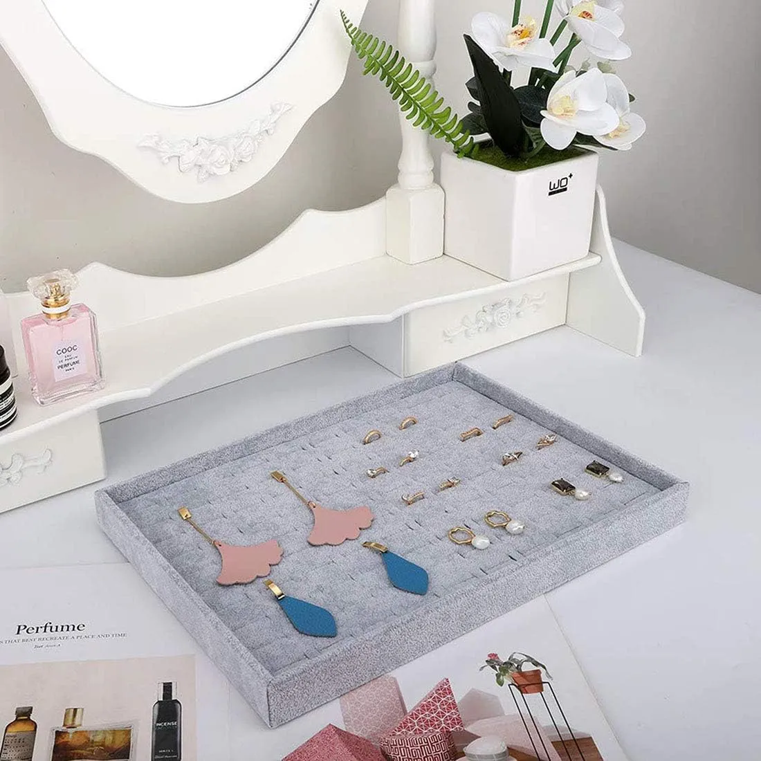 Grey Velvet Stackable 100 Slot Ring Inserts Jewelry Tray Showcase Display Organizer Holder Storage Box Case Pad Stackers for Valet Closet, Decorate Vanity Table, Cabinet, College Dorm Drawer