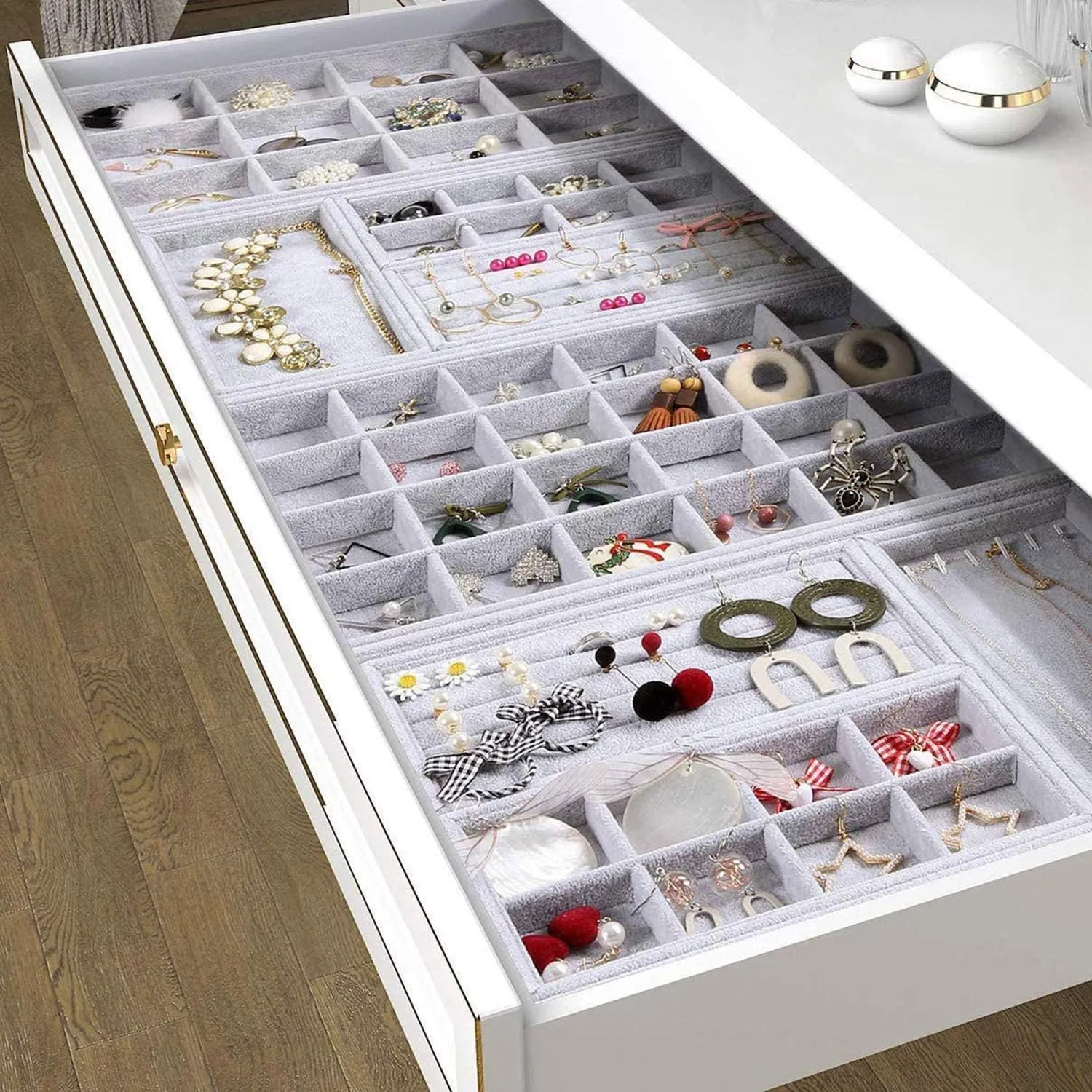 Grey Velvet Stackable 100 Slot Ring Inserts Jewelry Tray Showcase Display Organizer Holder Storage Box Case Pad Stackers for Valet Closet, Decorate Vanity Table, Cabinet, College Dorm Drawer