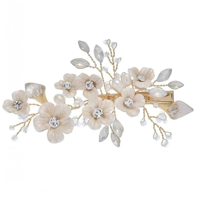 Hand Wired Porcelain Flower Hair Comb Pin Earring Wedding Bridal Set