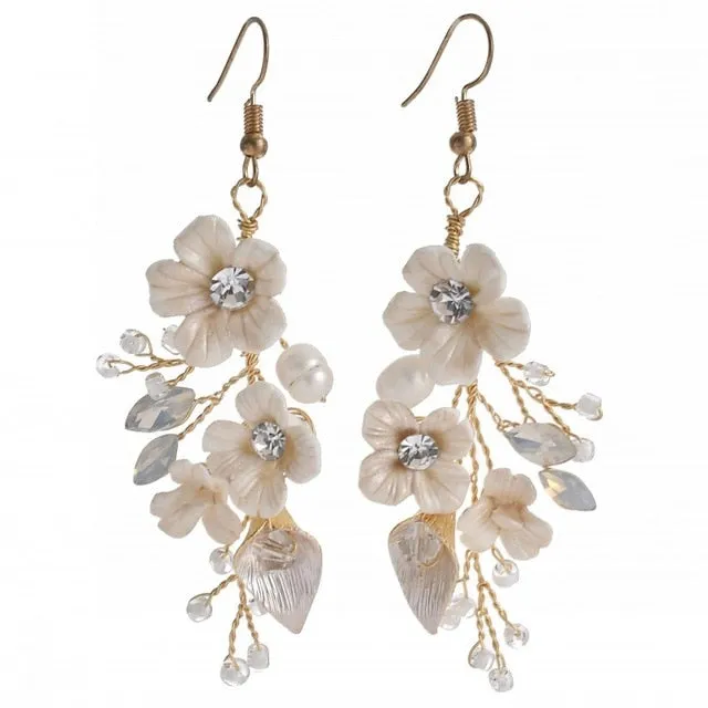 Hand Wired Porcelain Flower Hair Comb Pin Earring Wedding Bridal Set