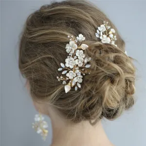 Hand Wired Porcelain Flower Hair Comb Pin Earring Wedding Bridal Set