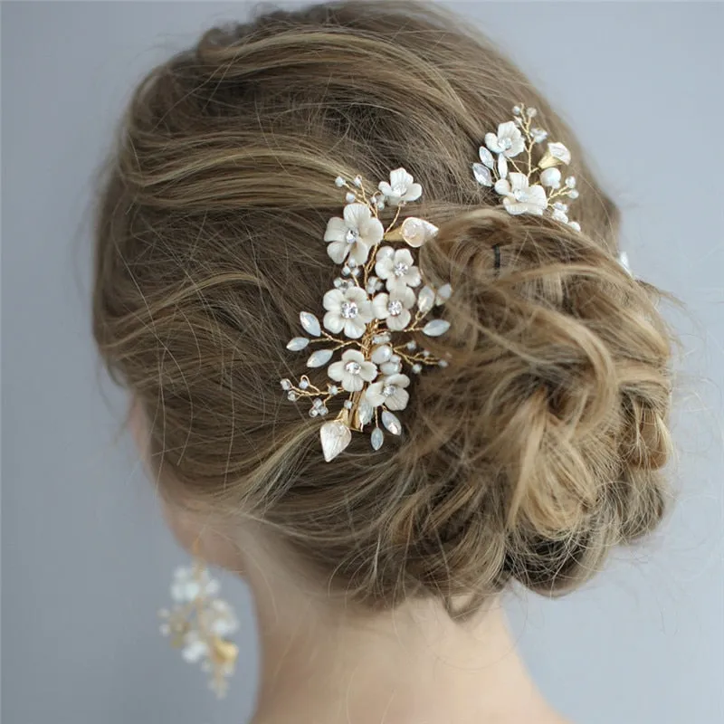 Hand Wired Porcelain Flower Hair Comb Pin Earring Wedding Bridal Set