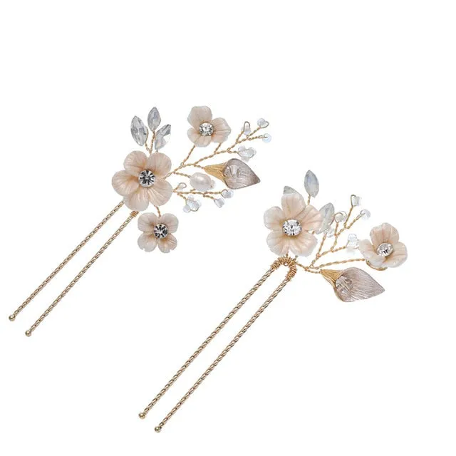 Hand Wired Porcelain Flower Hair Comb Pin Earring Wedding Bridal Set